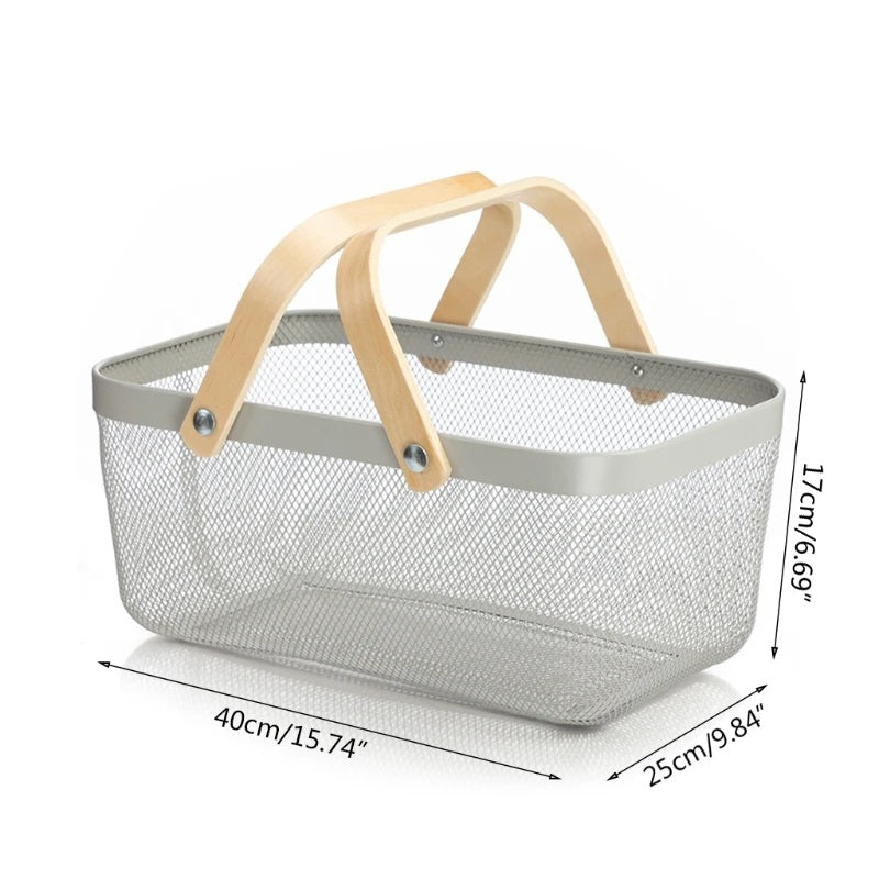 Rectangular Mesh Basket With Double Wooden Handle- Grey Fruit Baskets Apricot   