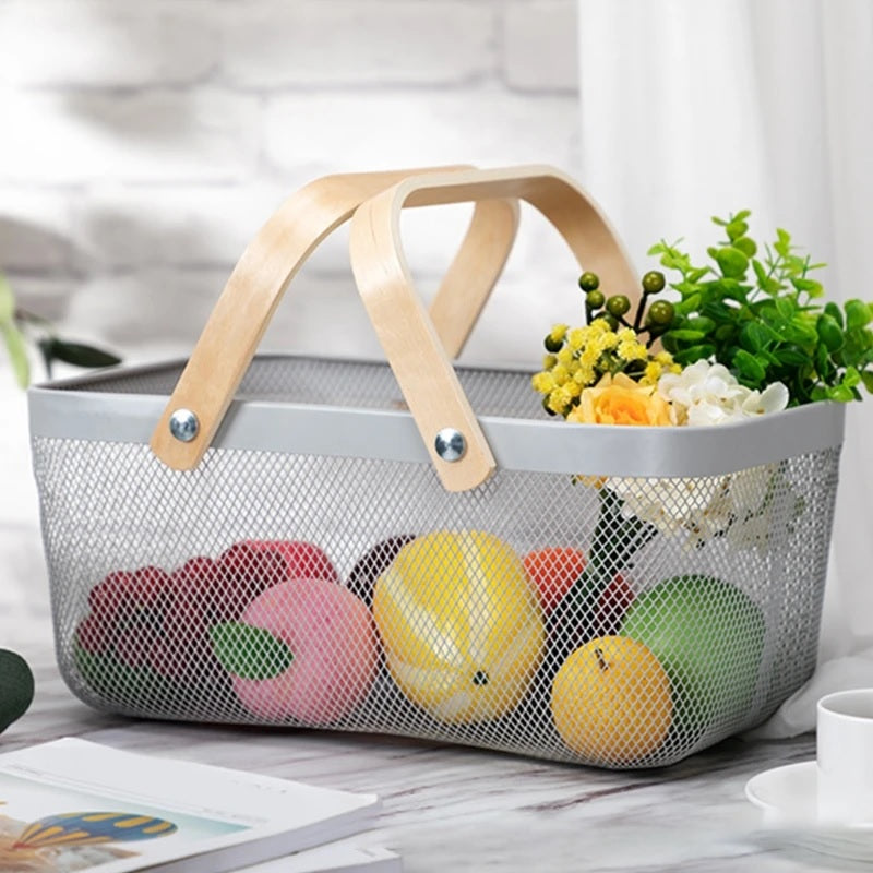 Rectangular Mesh Basket With Double Wooden Handle- Grey Fruit Baskets Apricot   