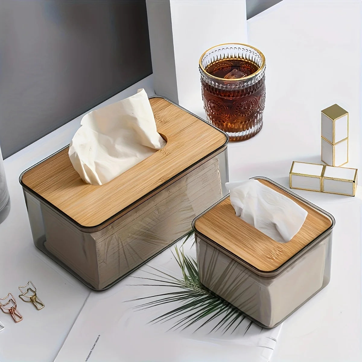 Bamboo Lid Transparent Tissue Box Tissue Box Apricot