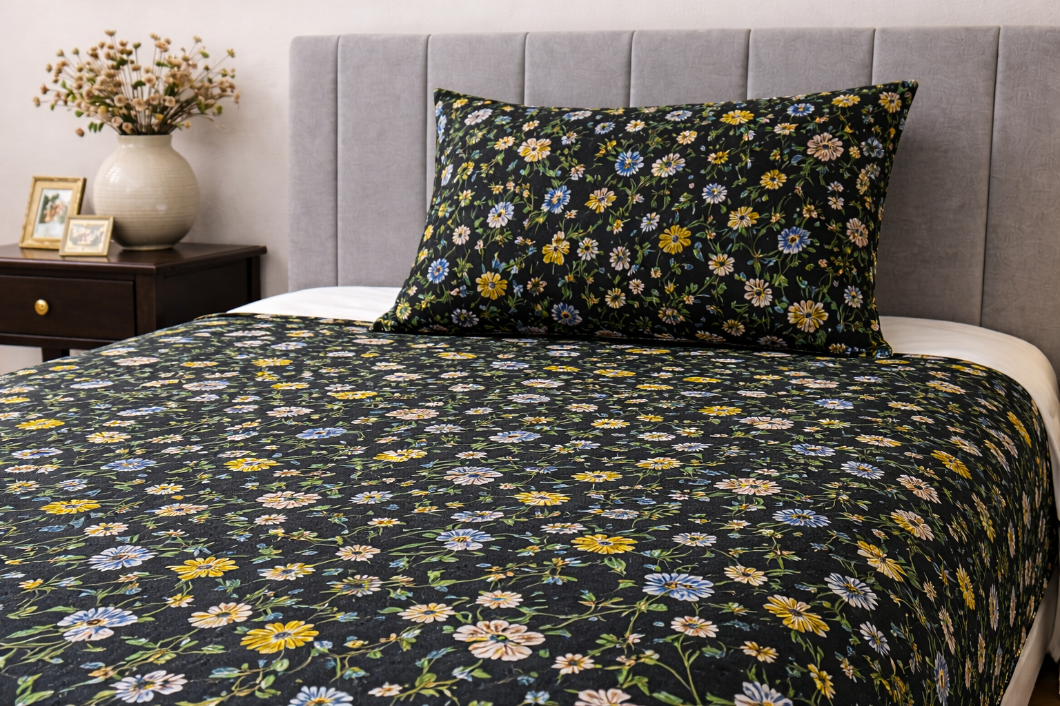 2Pcs Single Bed Sheet-Black Meadows single bed sheet Apricot
