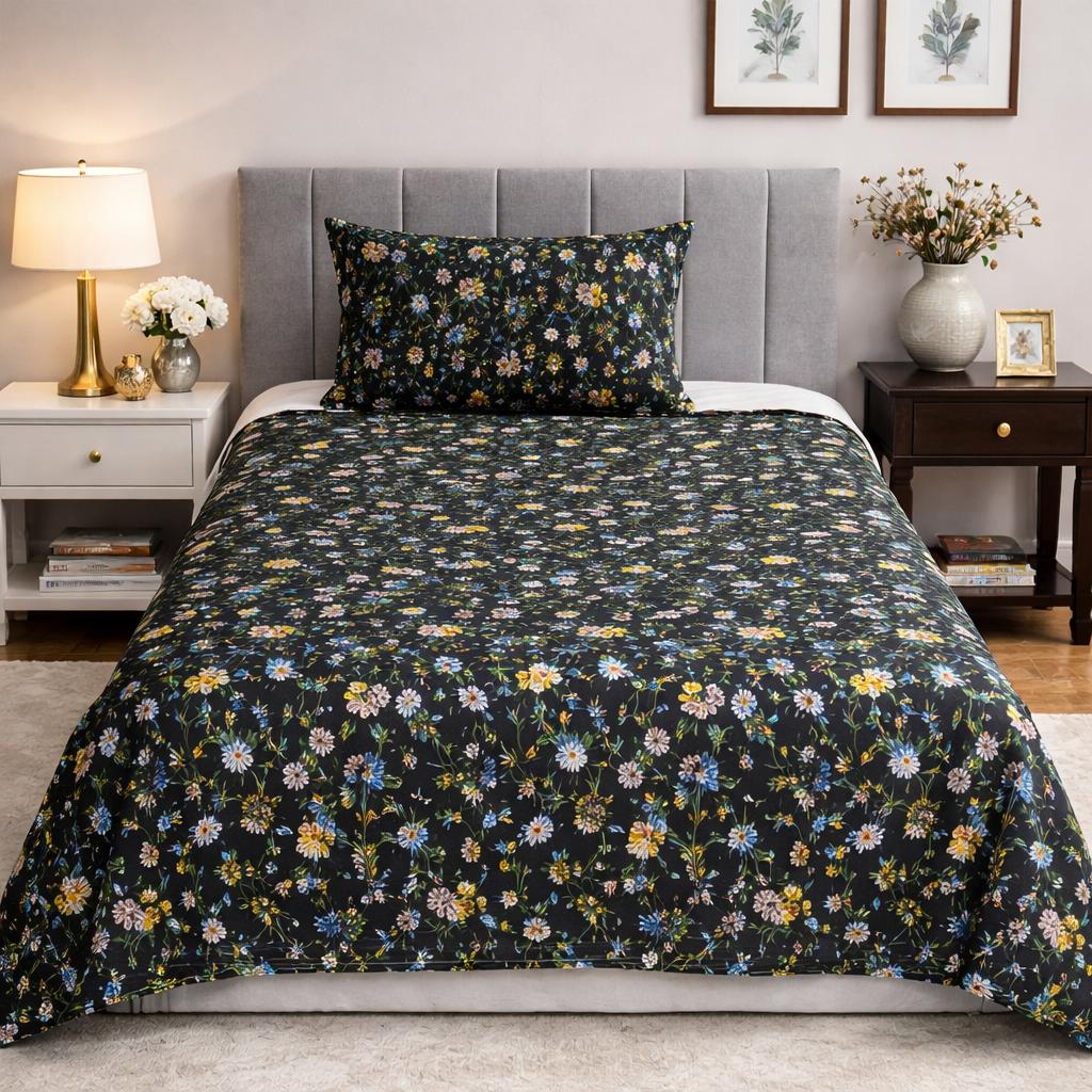 2Pcs Single Bed Sheet-Black Meadows single bed sheet Apricot