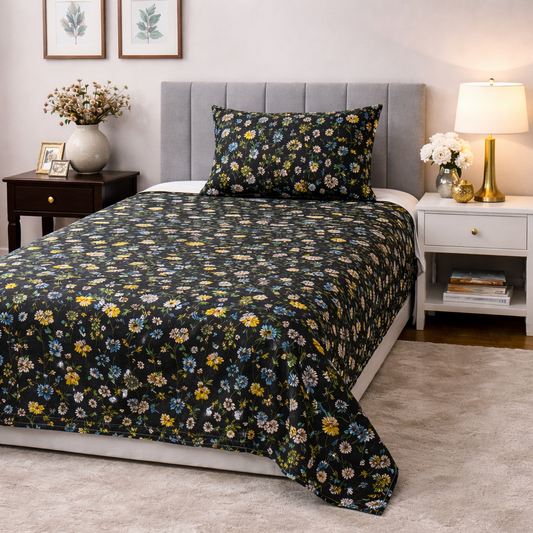 2Pcs Single Bed Sheet-Black Meadows single bed sheet Apricot