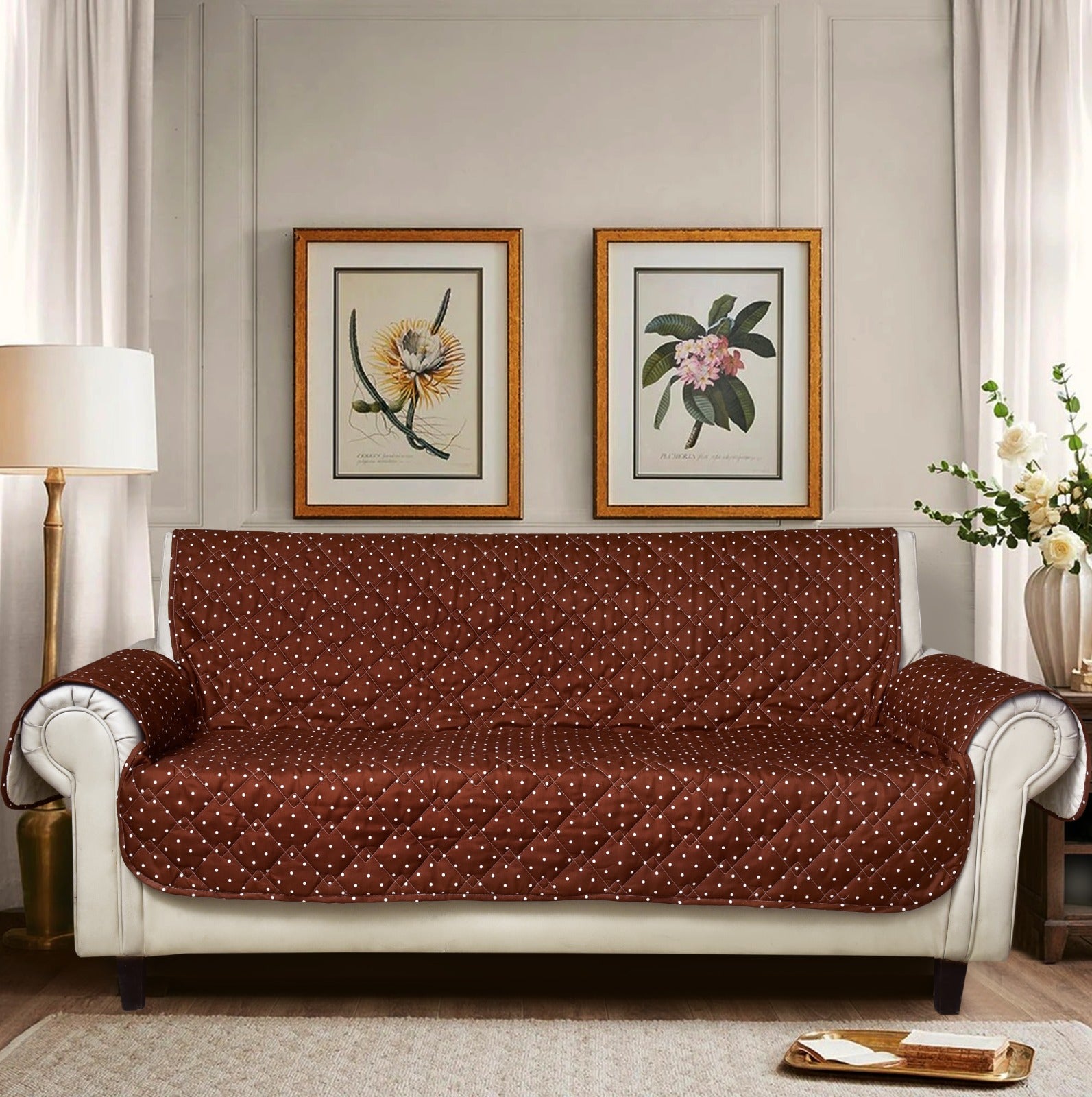 Sofa Cover-Brown Polka With Pockets Sofa Cover Apricot   