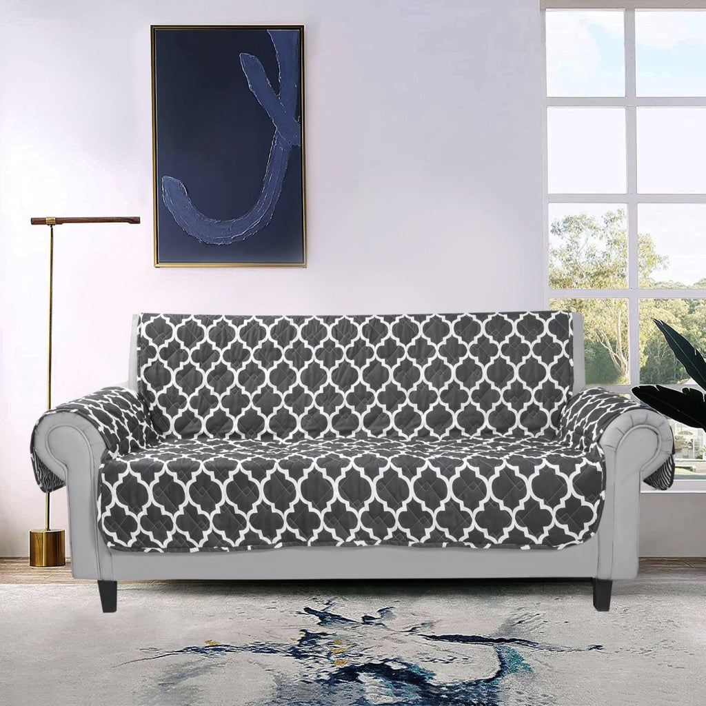 Sofa Cover-Grey Geometric With Pockets Apricot