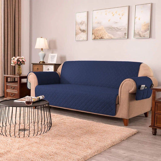 Sofa Cover-Navy Blue With Pockets Sofa Cover Apricot   