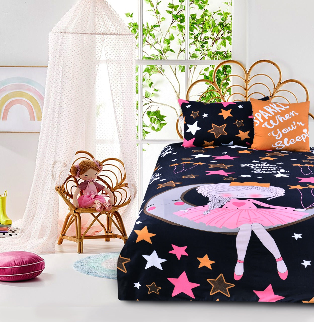 2Pcs Digital Printed Single Bed Sheet- Sparkling single bed sheet Apricot