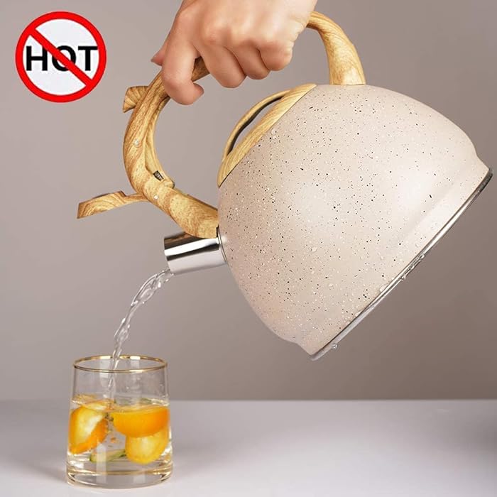 Stainless Steel One Touch Button Whistle Teapot with Anti Scalding Handle-Beige  Apricot   