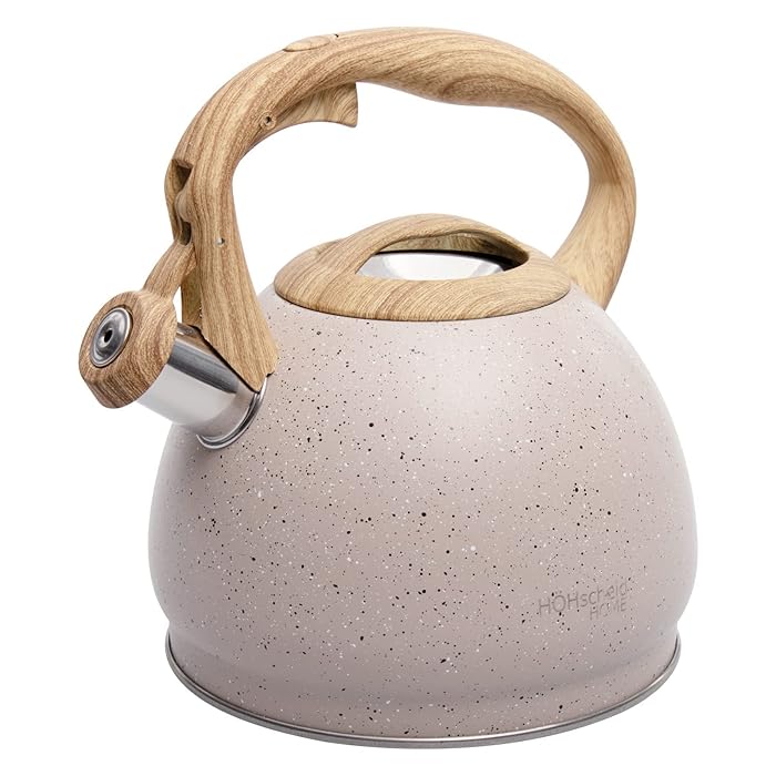 Stainless Steel One Touch Button Whistle Teapot with Anti Scalding Handle-Beige  Apricot   