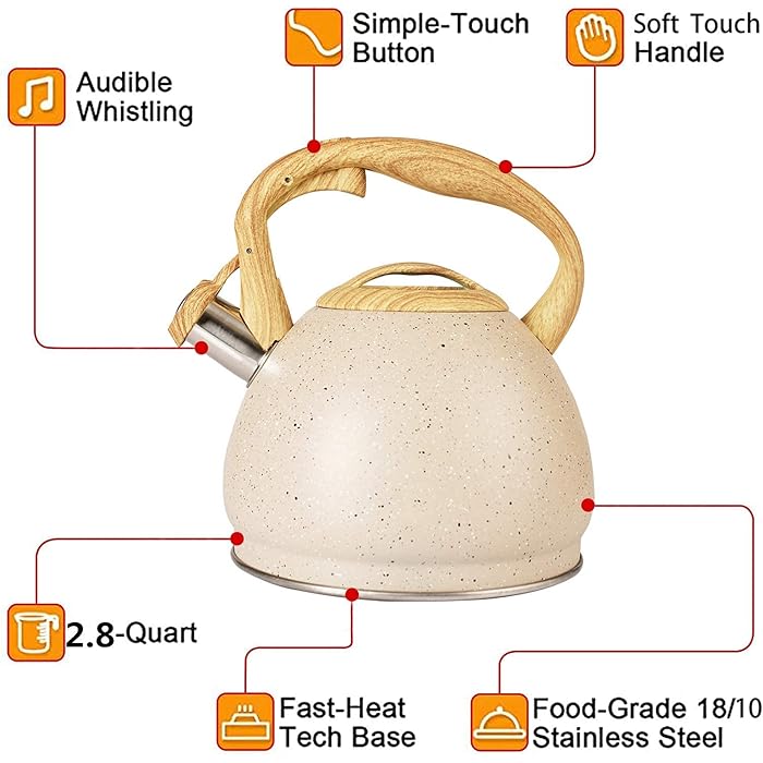 Stainless Steel One Touch Button Whistle Teapot with Anti Scalding Handle-Beige  Apricot   