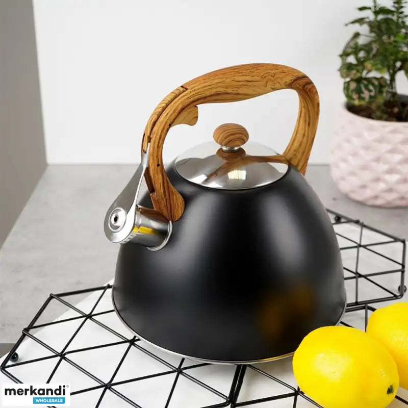 Stainless Steel One Touch Button Whistle Teapot with Anti Scalding Handle-Black  Apricot   