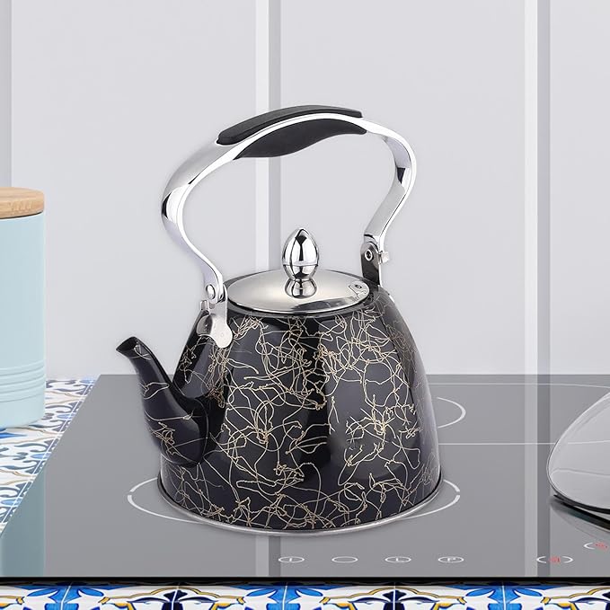 Stainless Steel One Touch Button Whistle Teapot with Anti Scalding Handle-Black Texture  Apricot   