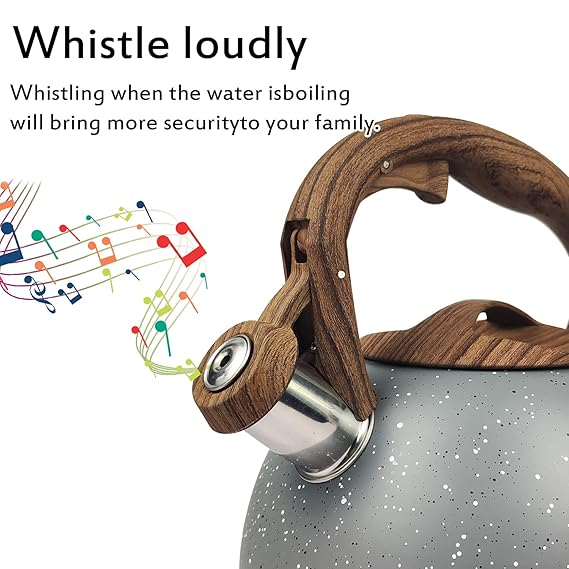 Stainless Steel One Touch Button Whistle Teapot with Anti Scalding Handle-Grey Texture  Apricot   