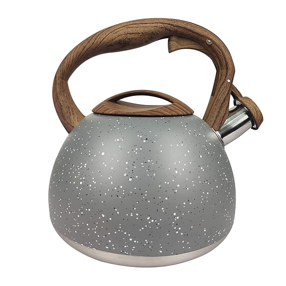 Stainless Steel One Touch Button Whistle Teapot with Anti Scalding Handle-Grey Texture  Apricot   