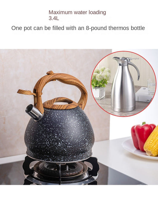 Stainless Steel One Touch Button Whistle Teapot with Anti Scalding Handle-Grey Texture  Apricot   