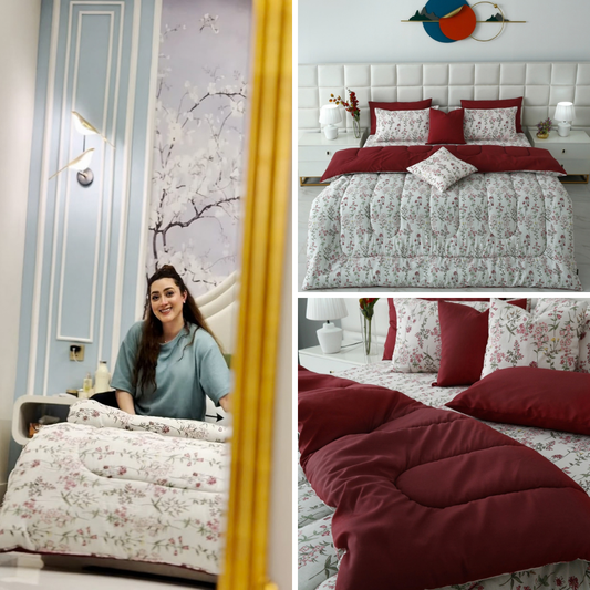 8 PCs Premium Winter Razai Set- Ruby Meadow Comforters Apricot