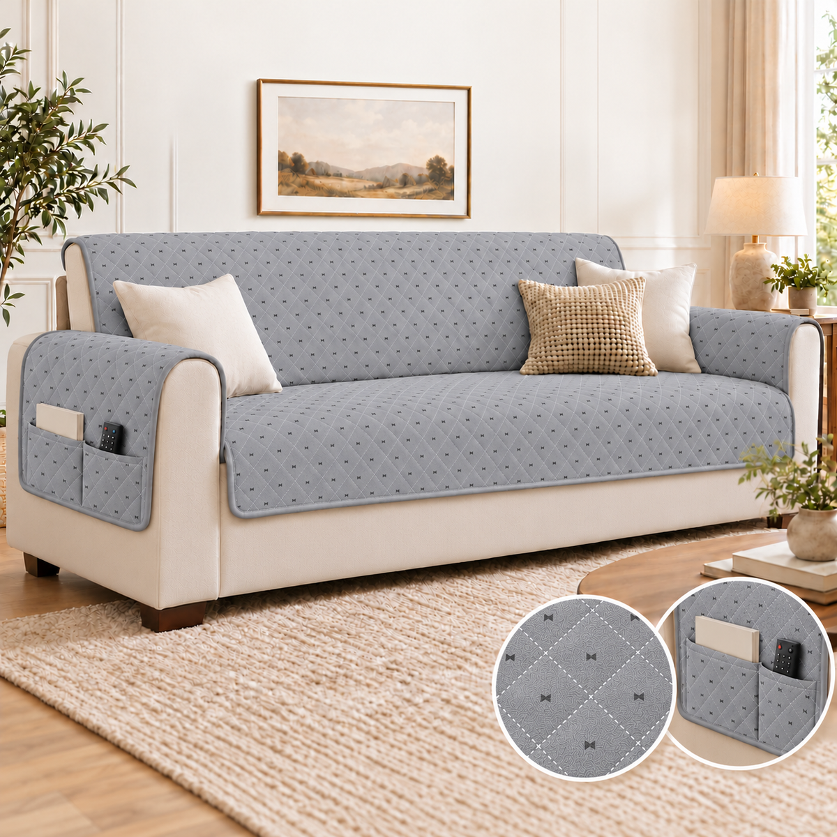 Quilted Sofa Cover- Grey Texture Sofa Cover Apricot