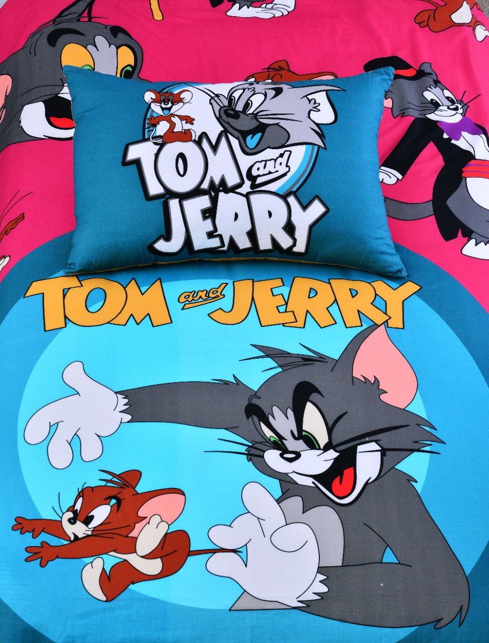 2Pcs Digital Printed Single Bed Sheet- Tom & Jerry single bed sheet Apricot
