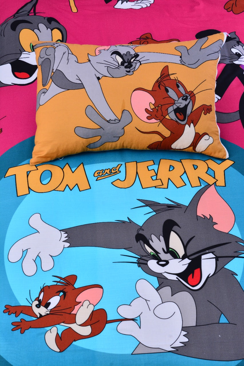 2Pcs Digital Printed Single Bed Sheet- Tom & Jerry single bed sheet Apricot