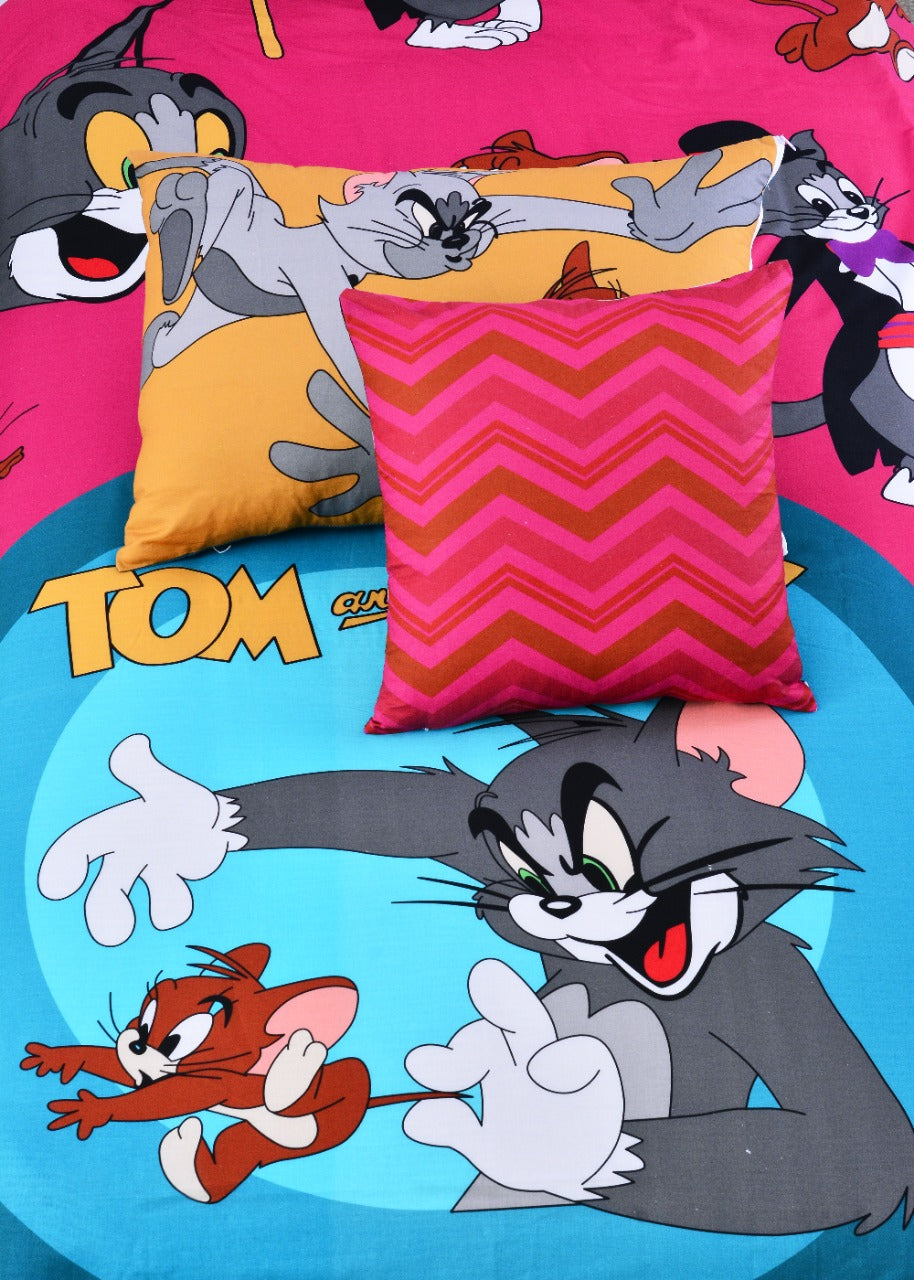 2Pcs Digital Printed Single Bed Sheet- Tom & Jerry single bed sheet Apricot