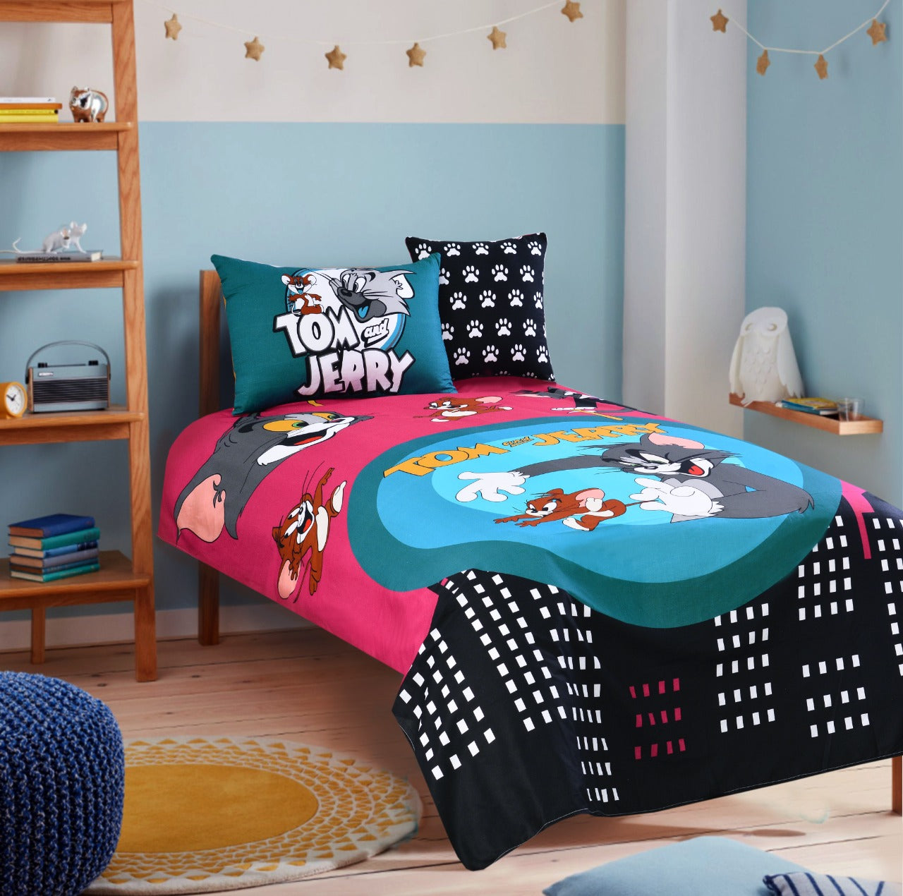 2Pcs Digital Printed Single Bed Sheet- Tom & Jerry single bed sheet Apricot