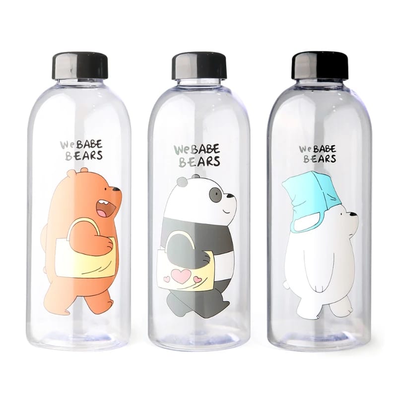 'We Bare Bears'Plastic Water Bottle with Straw(5462)-Black Bear  Apricot   