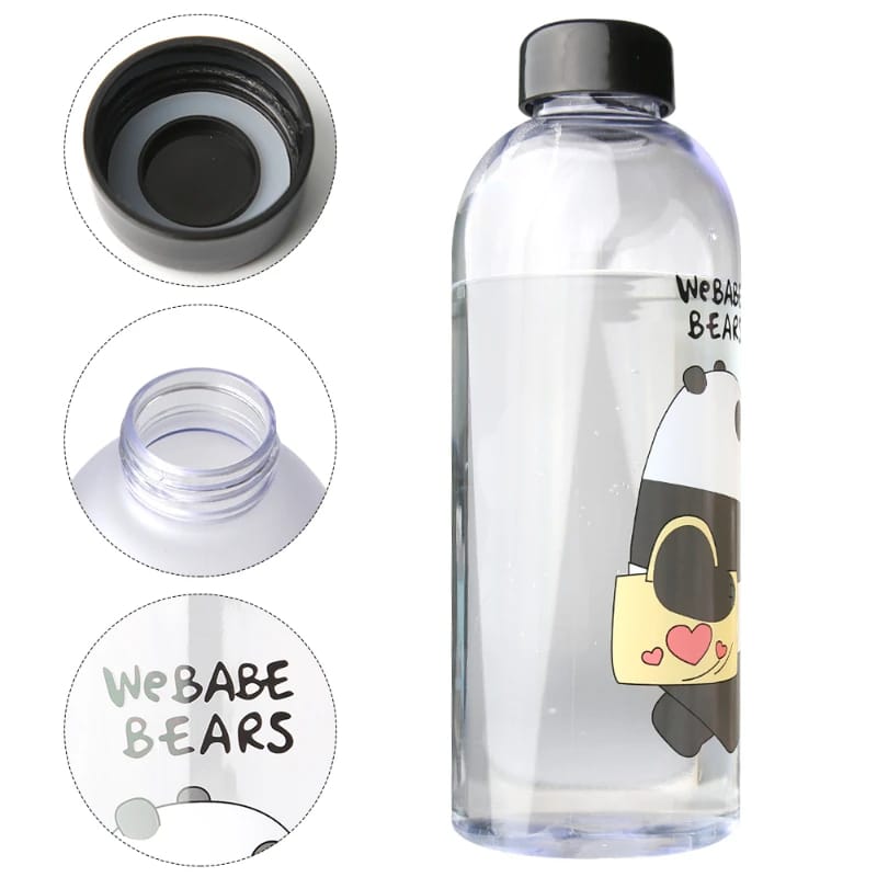 'We Bare Bears'Plastic Water Bottle with Straw(5462)-Black Bear  Apricot   