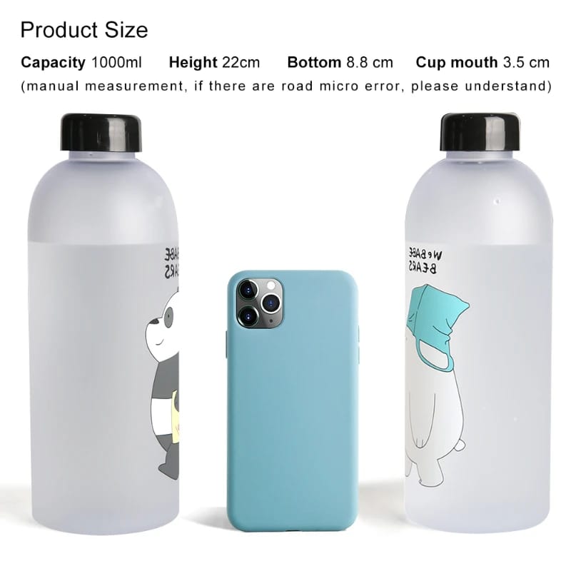 'We Bare Bears'Plastic Water Bottle with Straw(5462)-Black Bear  Apricot   