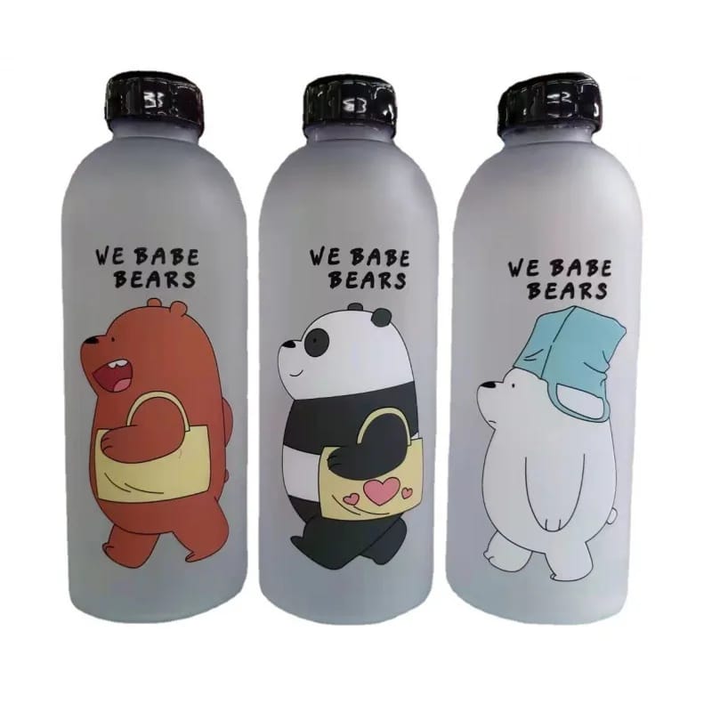 'We Bare Bears'Plastic Water Bottle with Straw(5462)-Black Bear  Apricot   