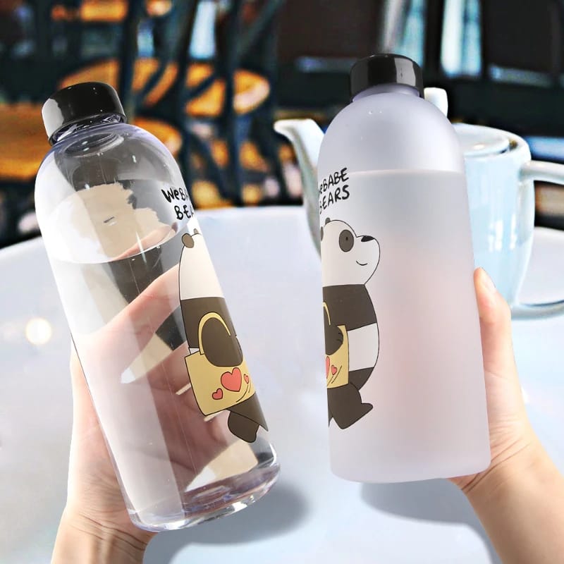 'We Bare Bears'Plastic Water Bottle with Straw(5462)-Black Bear  Apricot   