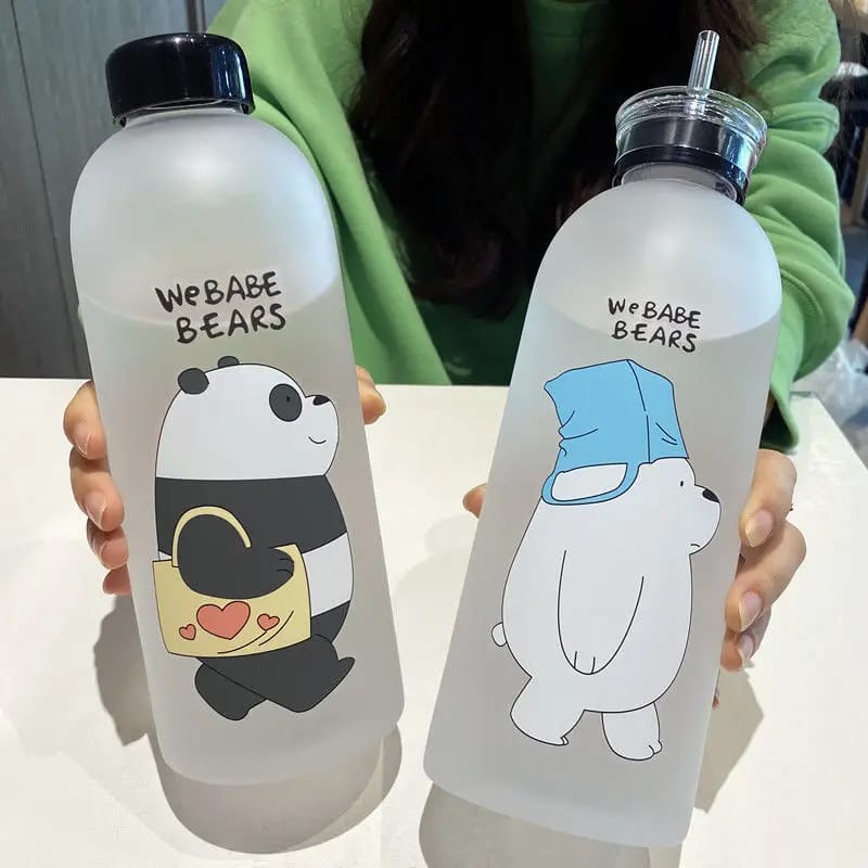 'We Bare Bears'Plastic Water Bottle with Straw(5462)-Black Bear  Apricot   