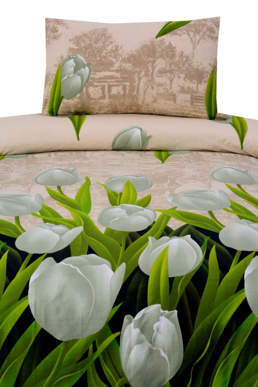 2Pcs Single Bed Sheet-Tulip Green single bed sheet Apricot