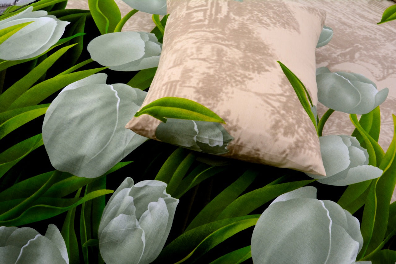 2Pcs Single Bed Sheet-Tulip Green single bed sheet Apricot