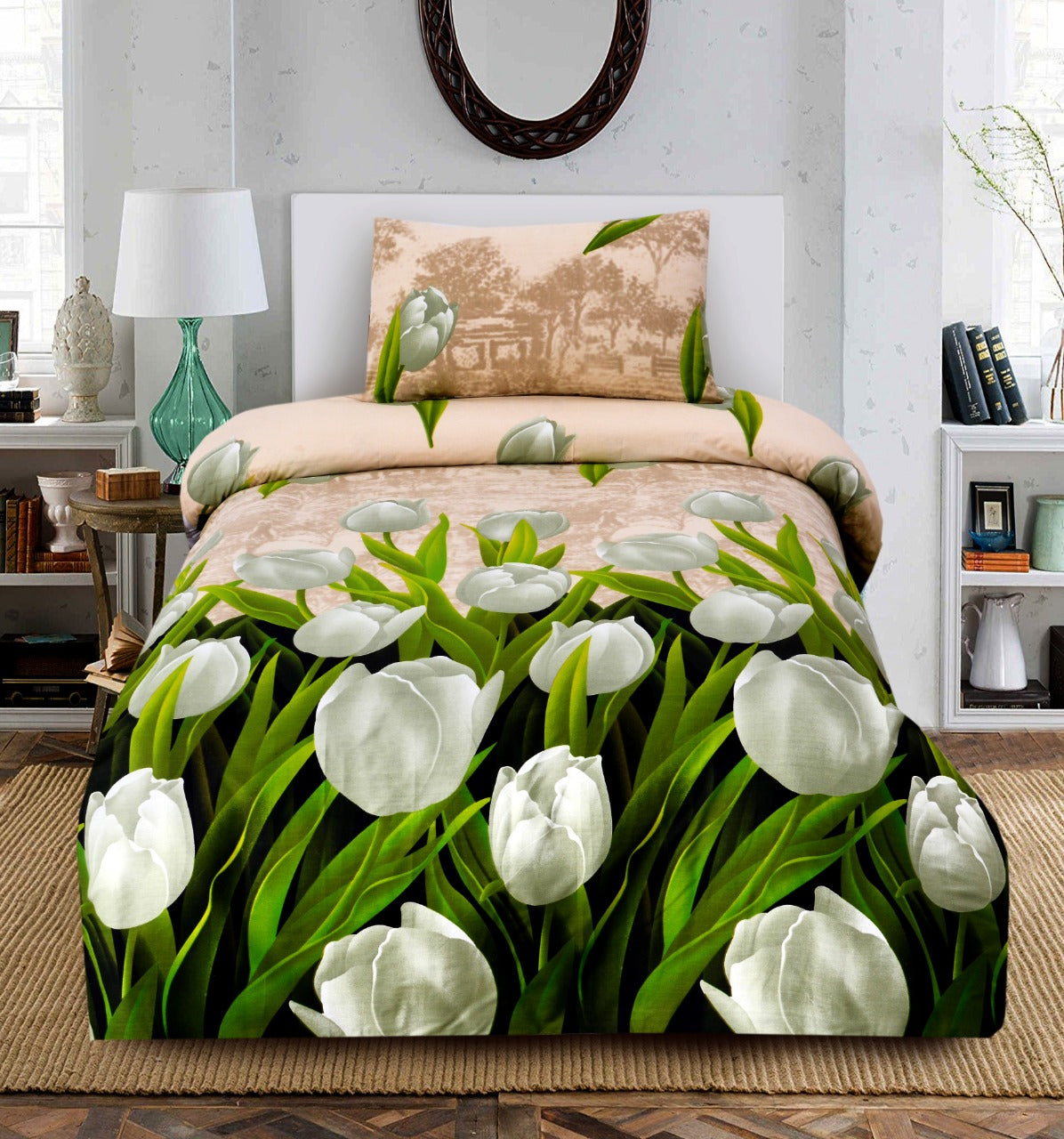 2Pcs Single Bed Sheet-Tulip Green single bed sheet Apricot