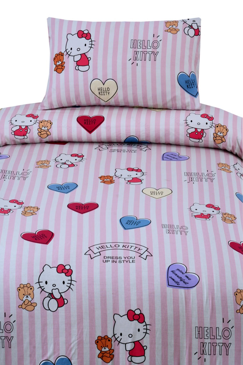 2Pcs Digital Printed Single Bed Sheet- Hellow Kitty single bed sheet Apricot