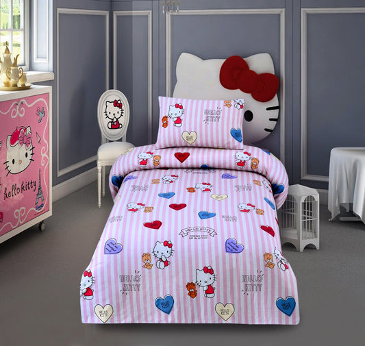 2Pcs Digital Printed Single Bed Sheet- Hellow Kitty single bed sheet Apricot