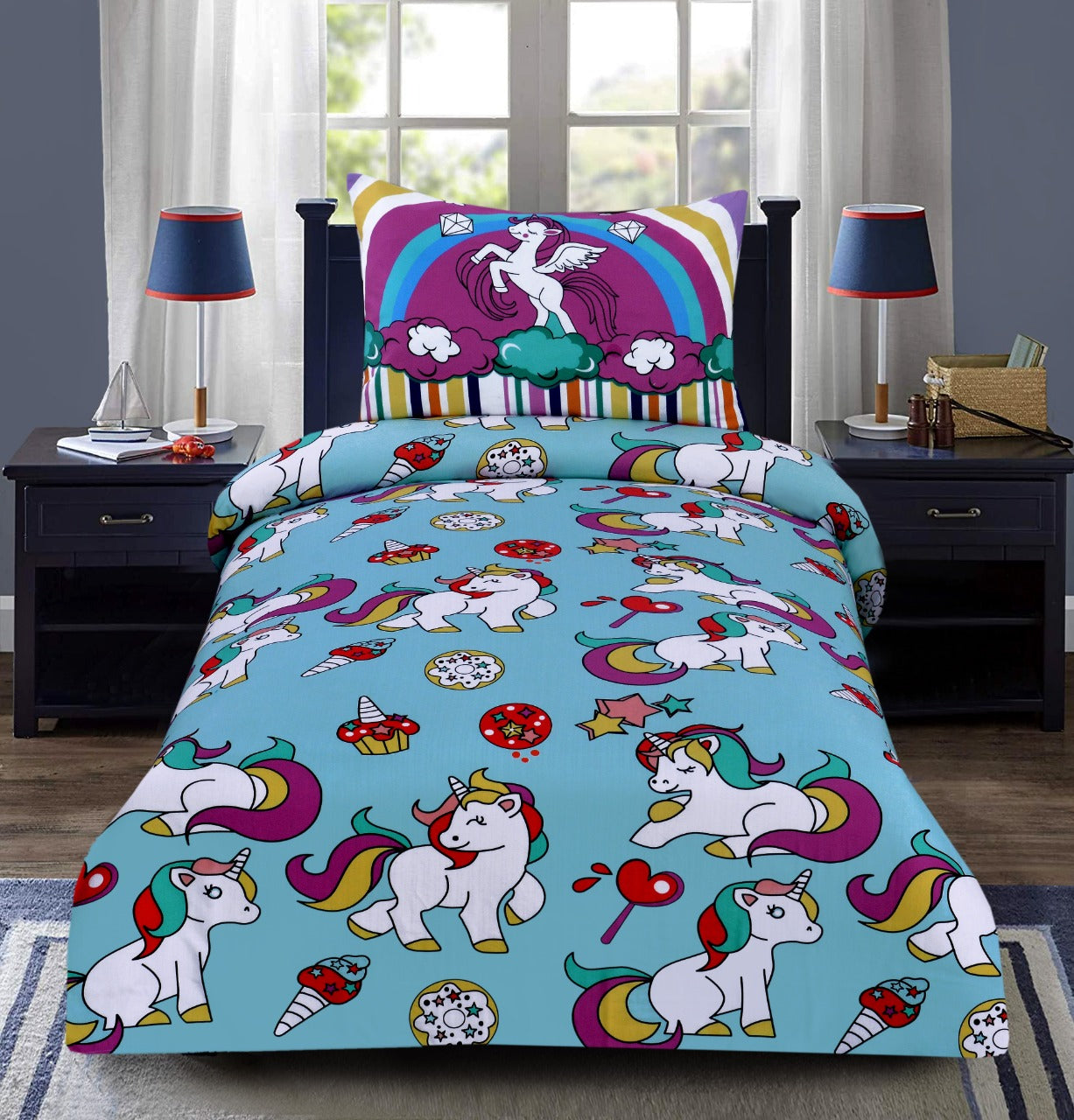 2Pcs Digital Printed Single Bed Sheet- Unicorn single bed sheet Apricot