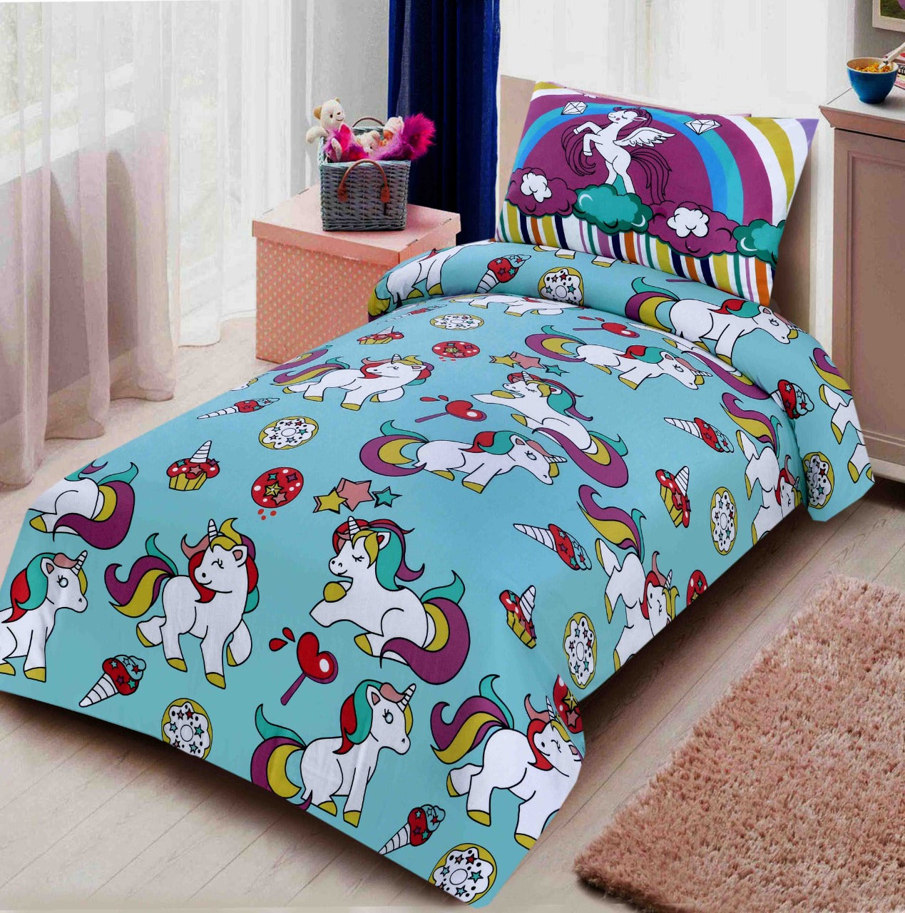 2Pcs Digital Printed Single Bed Sheet- Unicorn single bed sheet Apricot