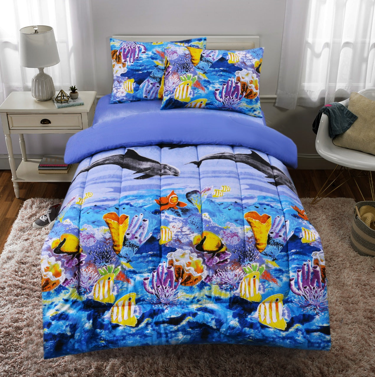 4 PCs Single Comforter Set-Fishes Comforters Apricot   