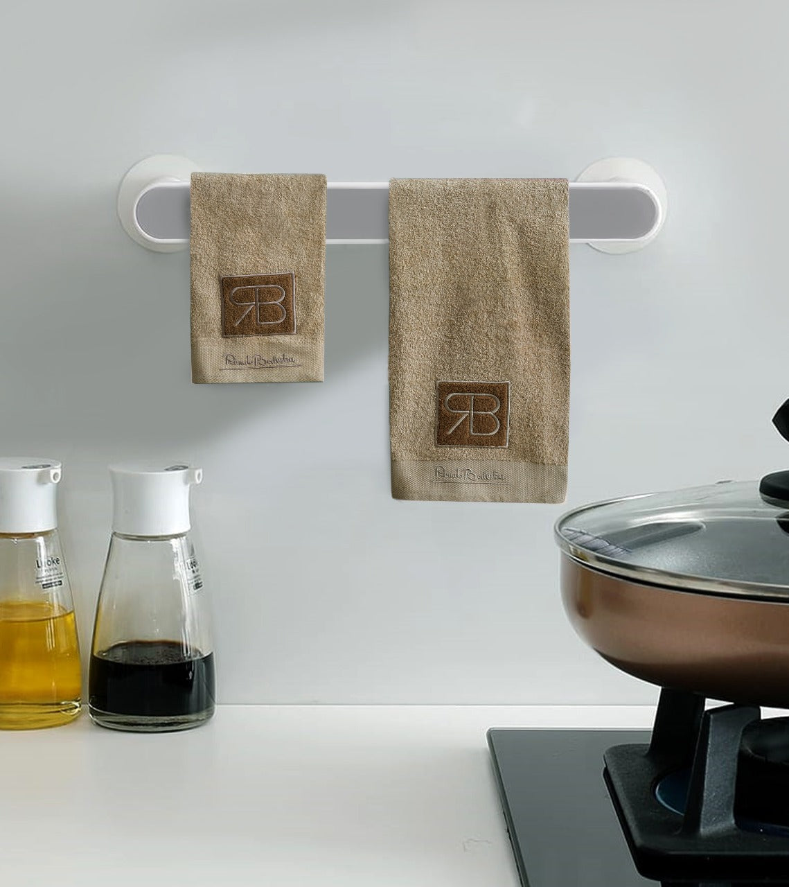 2 PCs RB Embroidered Kitchen Towels- L/Brown Bath Towels & Washcloths Apricot