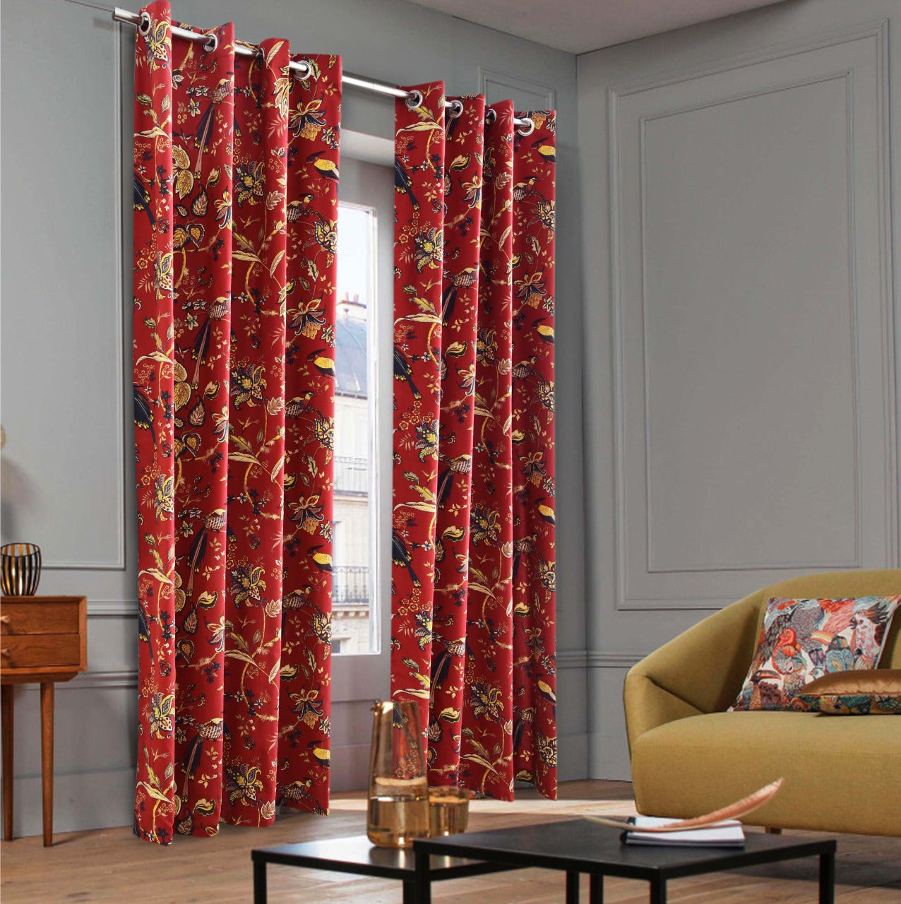 2 PCs Duck Curtains Panel- Maroon Birds Curtains Apricot
