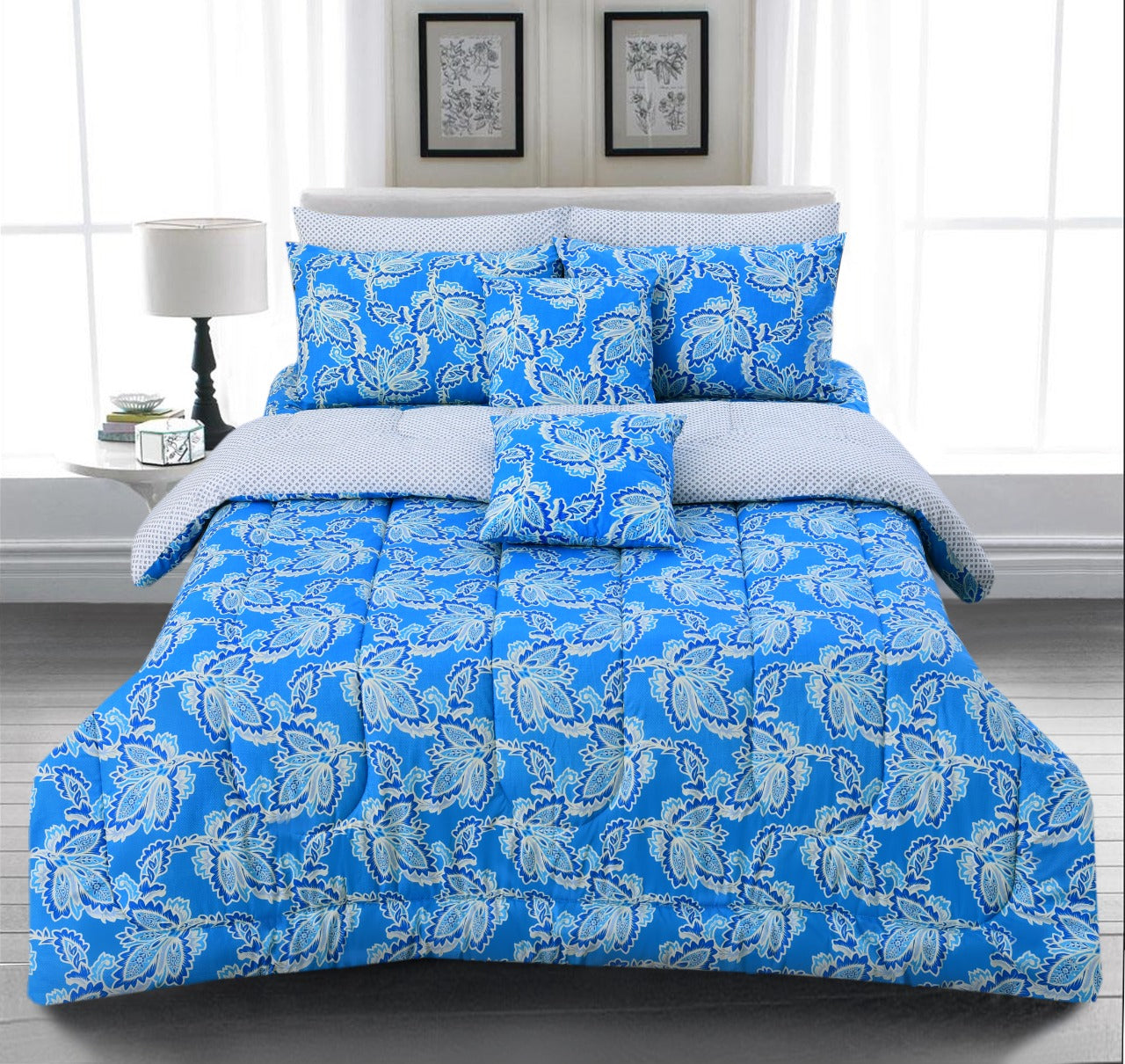 8 PCs Winter Comforter Set-Blue Flowers Comforters Apricot