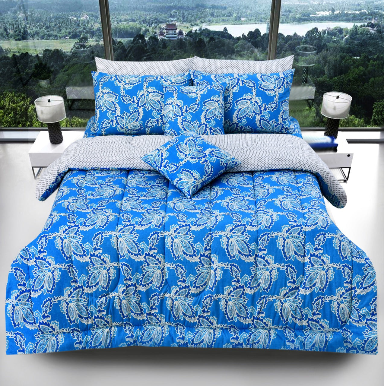 8 PCs Winter Comforter Set-Blue Flowers Comforters Apricot