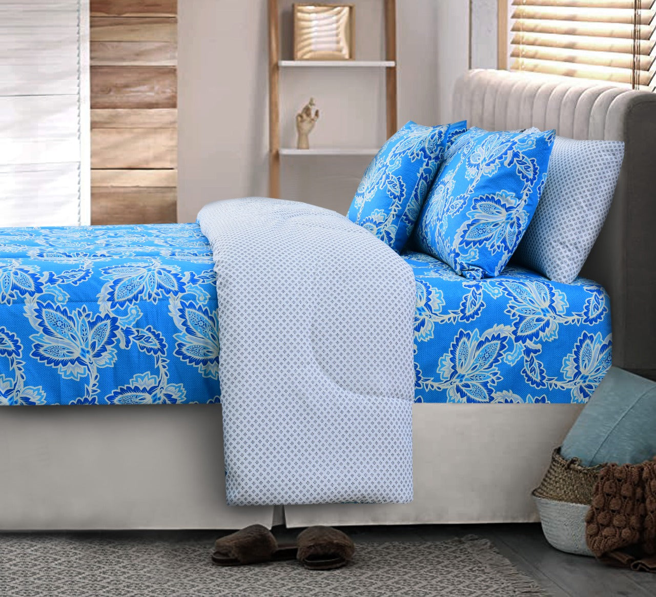 8 PCs Winter Comforter Set-Blue Flowers Comforters Apricot