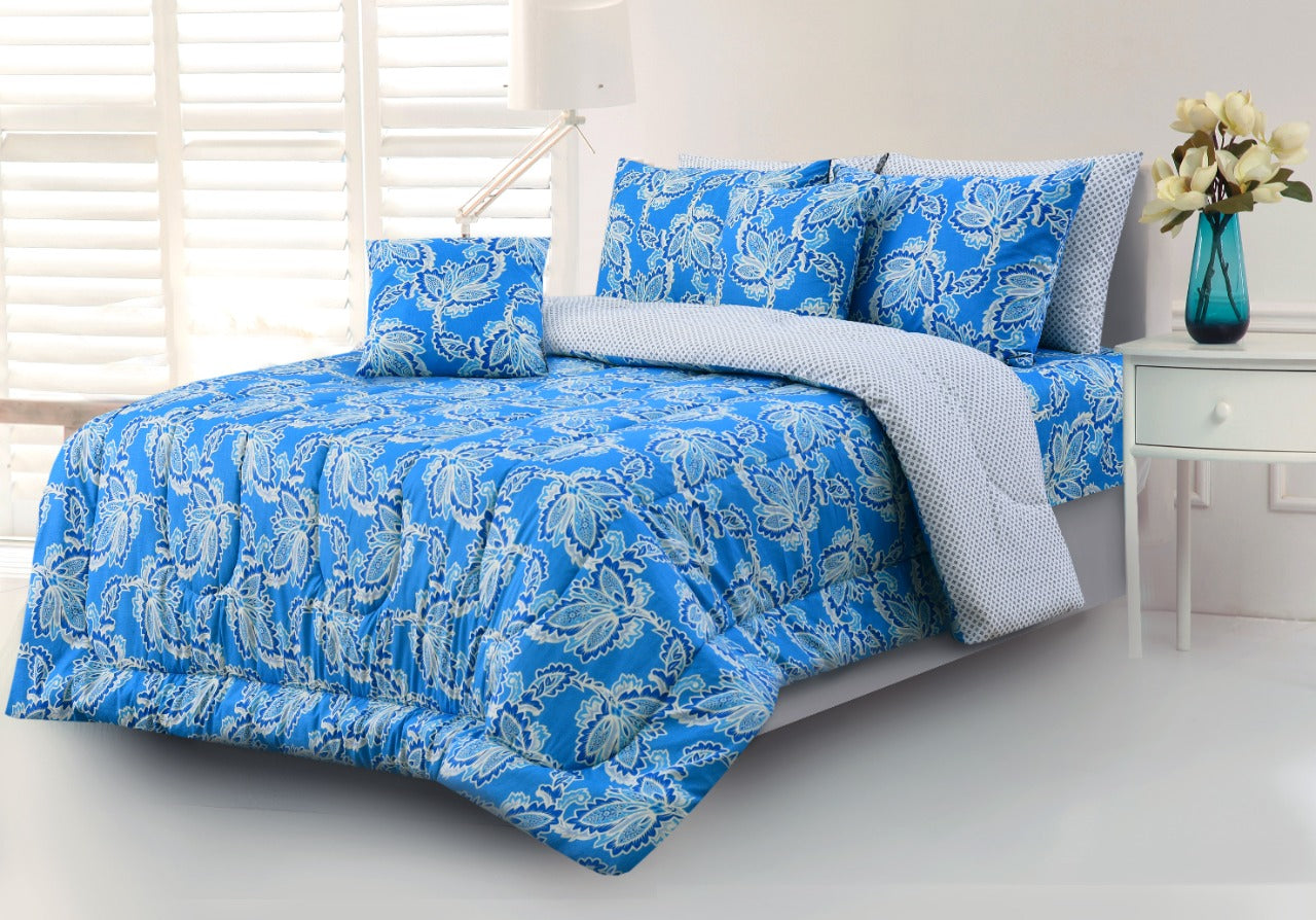 8 PCs Winter Comforter Set-Blue Flowers Comforters Apricot