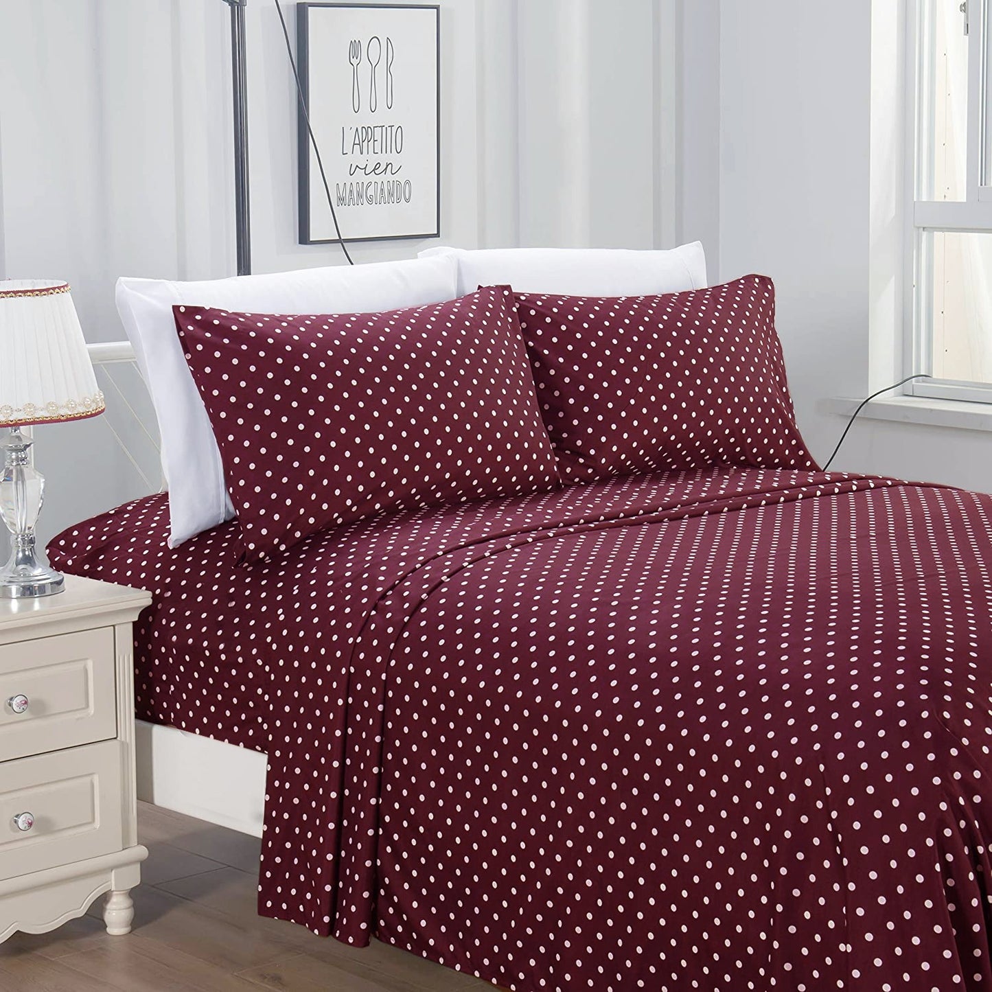 3 PCs Double Bed Sheet -Plum Polka