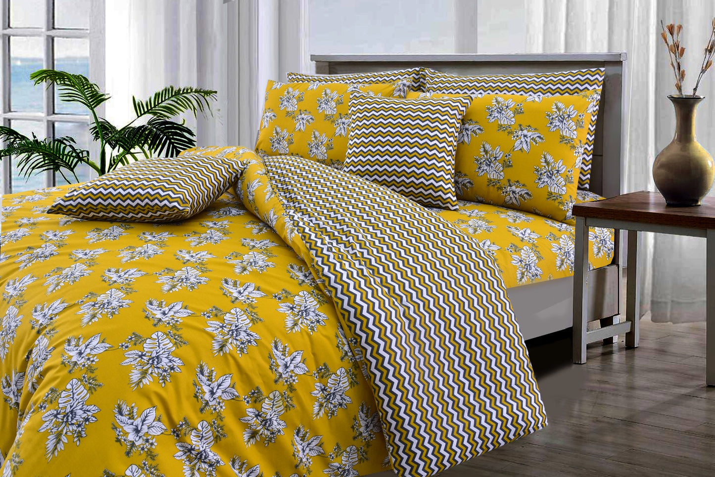 8PCs Mustard Garden Duvet Cover Bed Sheets Apricot