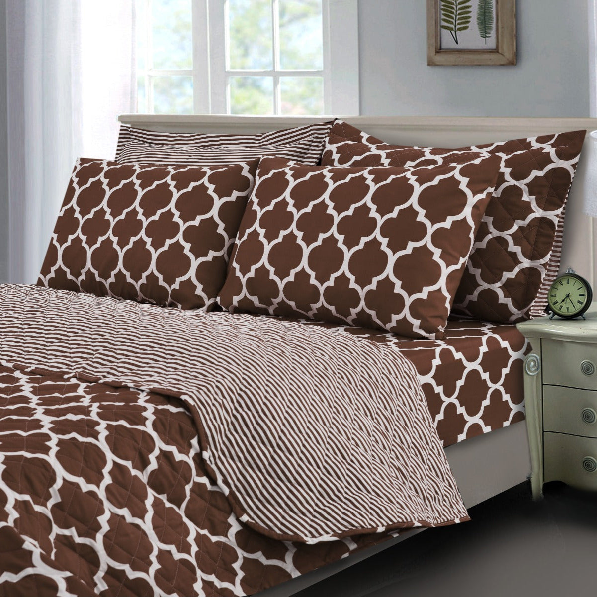 6 PCs Bed Spread Set-Brown Geometric Bed Spread Apricot