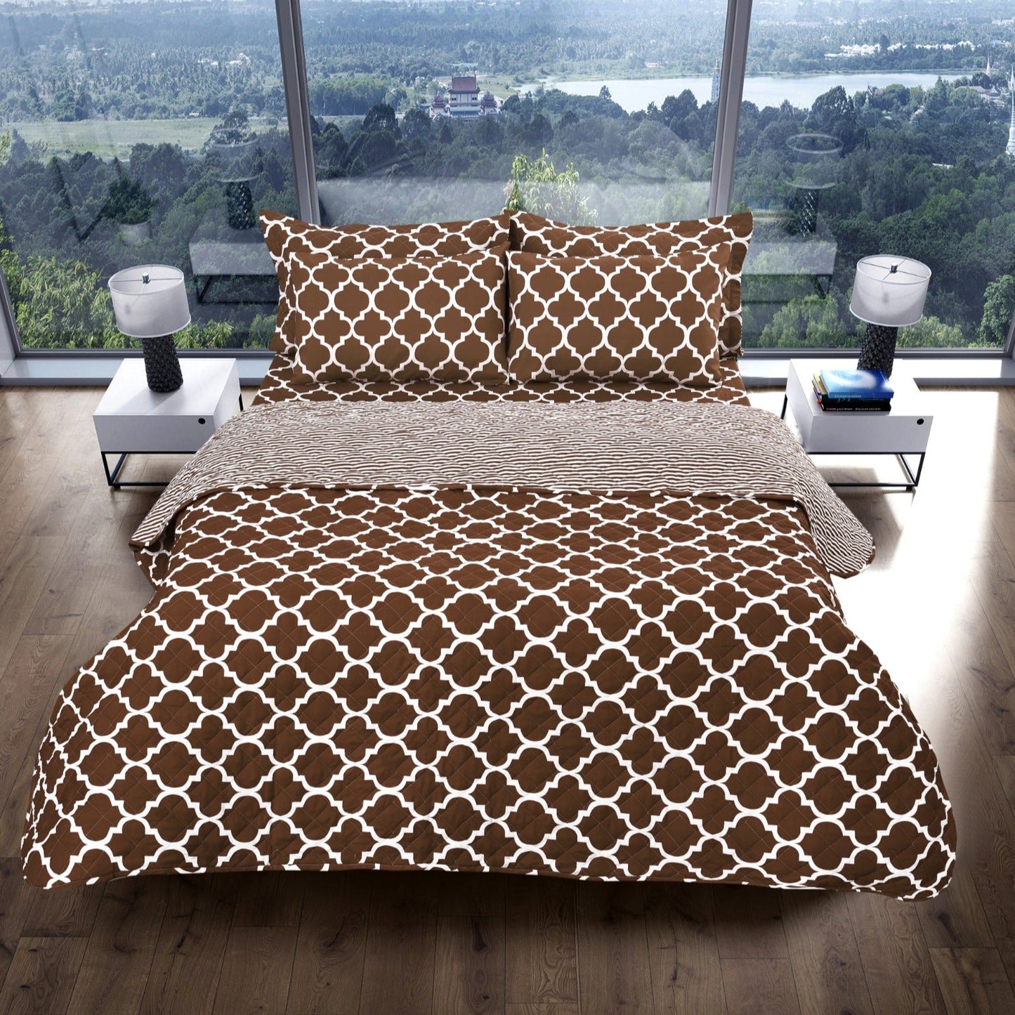 6 PCs Bed Spread Set-Brown Geometric Bed Spread Apricot