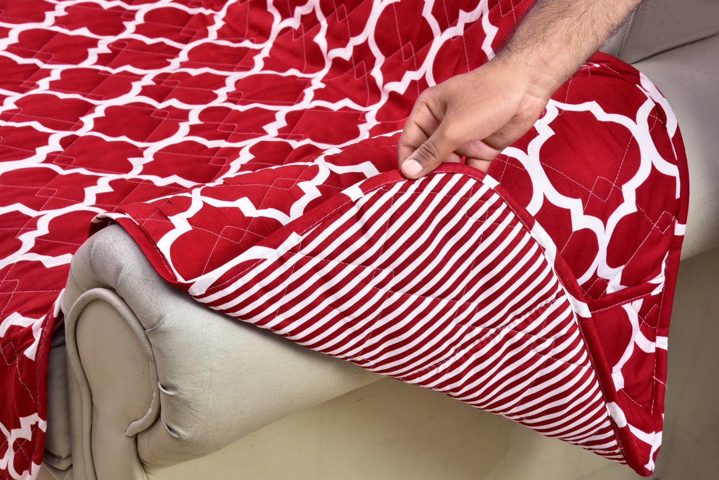 Sofa Cover-Maroon Geometric With Pockets Sofa Cover Apricot