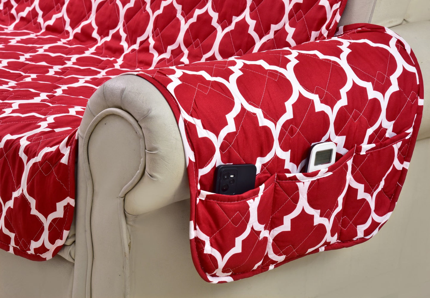 Sofa Cover-Maroon Geometric With Pockets Sofa Cover Apricot